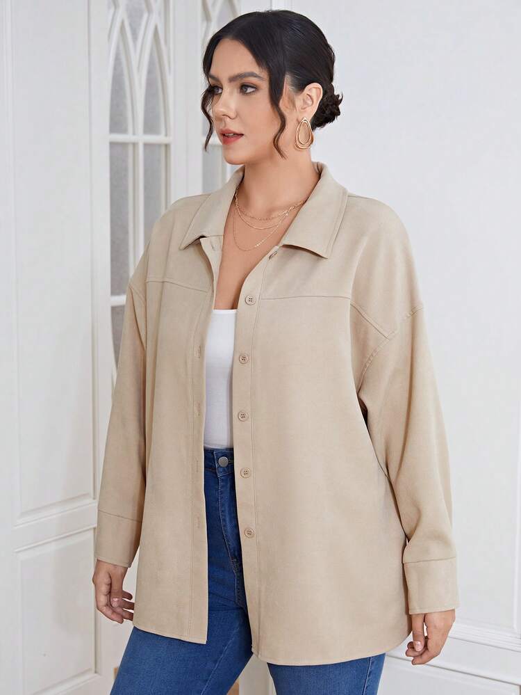 Plus Solid Button Front Drop Shoulder Coat