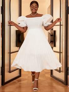 Hơn Off Shoulder Ống tay áo Viền xếp Đầm - trắng - Xem 5