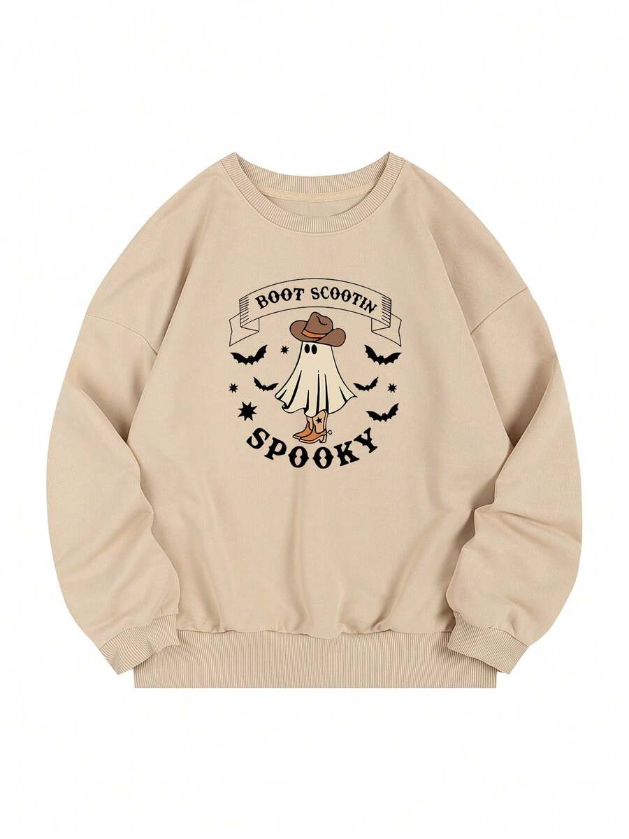 Plus Cartoon and Letter Graphic Thermal Pullover - Apricot - View 1