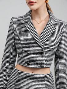 BizChic Houndstooth Print Double Breasted Crop Blazer & Ruffle Hem Skirt - Black and White - View 8