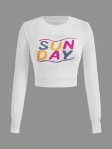 SHEIN Qutie Letter Pattern Crop Sweater - White - View 1
