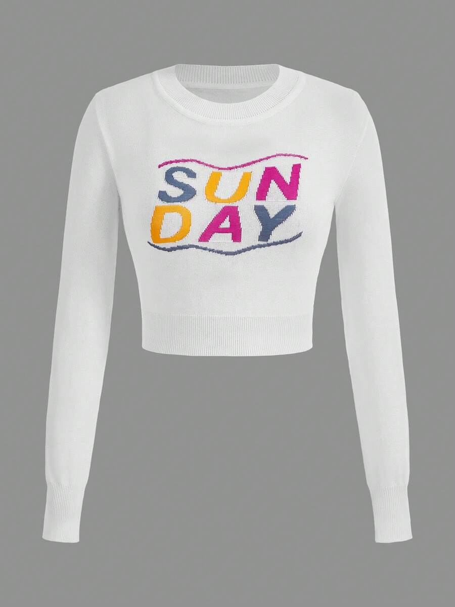 SHEIN Qutie Letter Pattern Crop Sweater - White - View 1