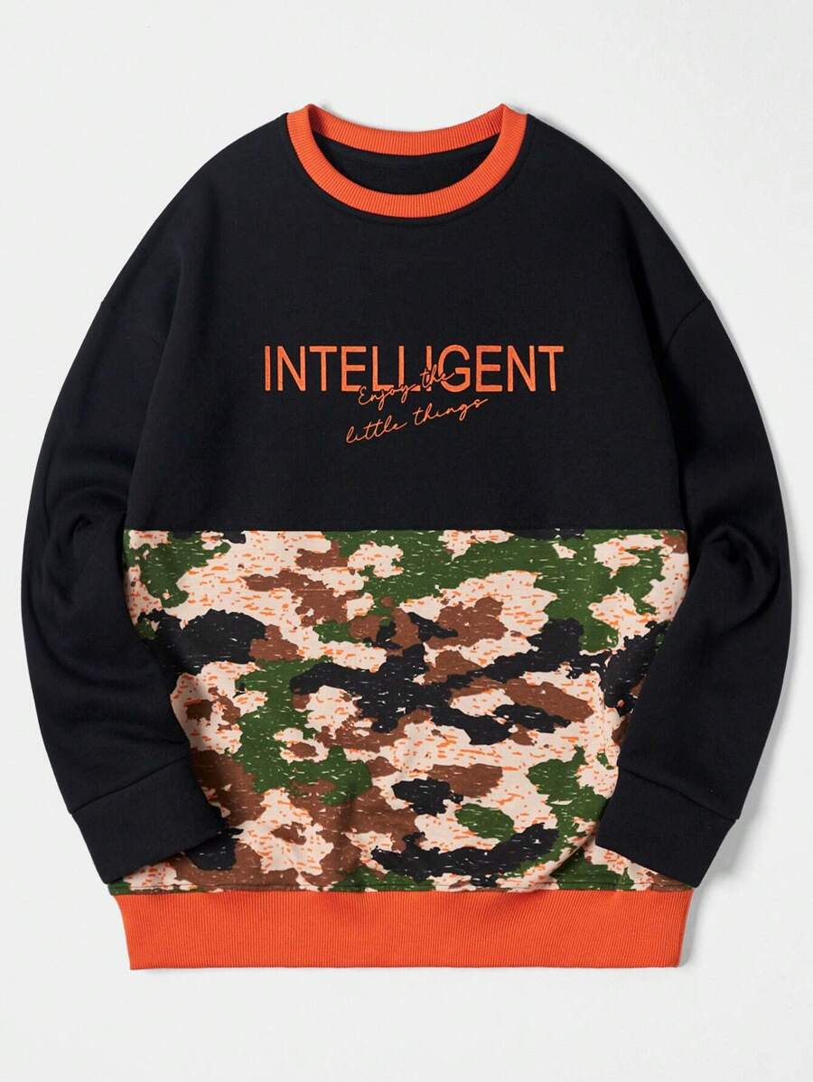 RueChic Men Camo & Letter Graphic Contrast Trim Sweatshirt - Multicolor - View 1