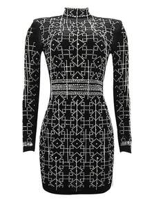 Allover Print Mock Neck Velvet Bodycon Dress - Black - View 3