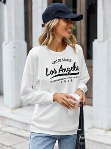 EURMUSE Women's Letter Print Drop Shoulder Long Sleeve Casual Crew Neck Sweatshirt - White - View 4