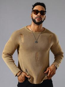 Manfinity LEGND Men Solid Ripped Drop Shoulder Sweater - Camel - View 8