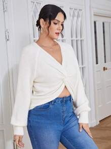 SHEIN Privé 加扭紋插肩袖短款毛衣 - 杏色 - 查看 5