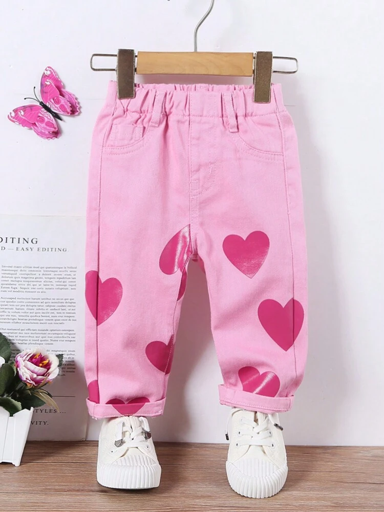 Casual Loose Fit Vacation Style Cute Printed Baby Girls' Straight Leg Jeans