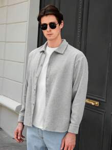 RueChic Men Solid Button Front Shacket - Light Grey - View 4