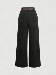 SHEIN MOD 纯色腰部褶皱直腿黑色西裤（配腰带） - 黑色 - 查看 2