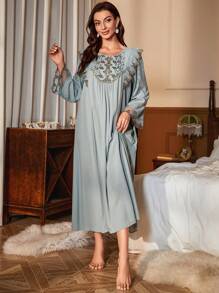 PalaceNights Floral Embroidery Ruffle Trim Pajama Nightdress Long Dress Luxe Loungewear, Moo Moo, Fall, Winter - Green - View 6