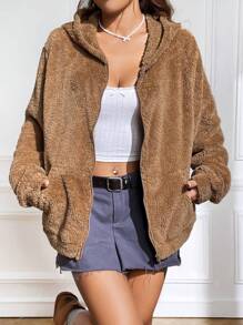 SHEIN EZwear Bear Embroidery Zip Up Hooded Teddy Jacket In Fall/Winter - Multicolor - View 5