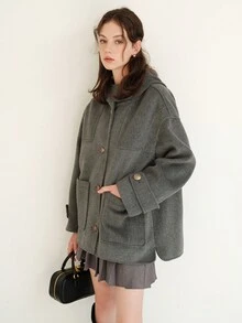 Drop Shoulder Pocket Patched Overcoat - Grey - View 4