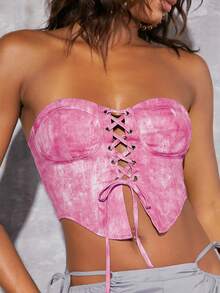 SHEIN BAE Tie Dye Lace Up Front Tube Top - Pink - View 5