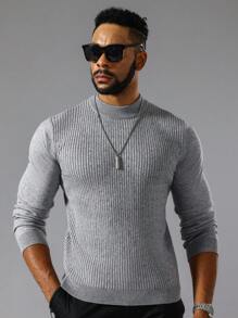 Manfinity Homme 男士小高領條紋針織套頭毛衣 - 灰色 - 查看 6