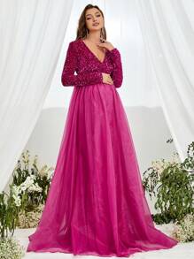 Maternity Sequin Insert Mesh Overlay Maxi Elegant Dress, For Party - Hot Pink - View 4