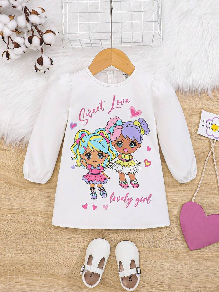 Baby Girl Cartoon & Slogan Graphic Lantern Sleeve Dress