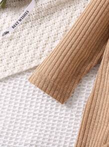 SHEIN Genkimix Kids 小女孩肋針針織背心&褲子&外套 - 卡其色 - 查看 3
