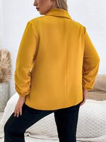 Calvaya 大碼青果領抽褶袖前繫帶西裝外套 - 黃色 - 查看 2