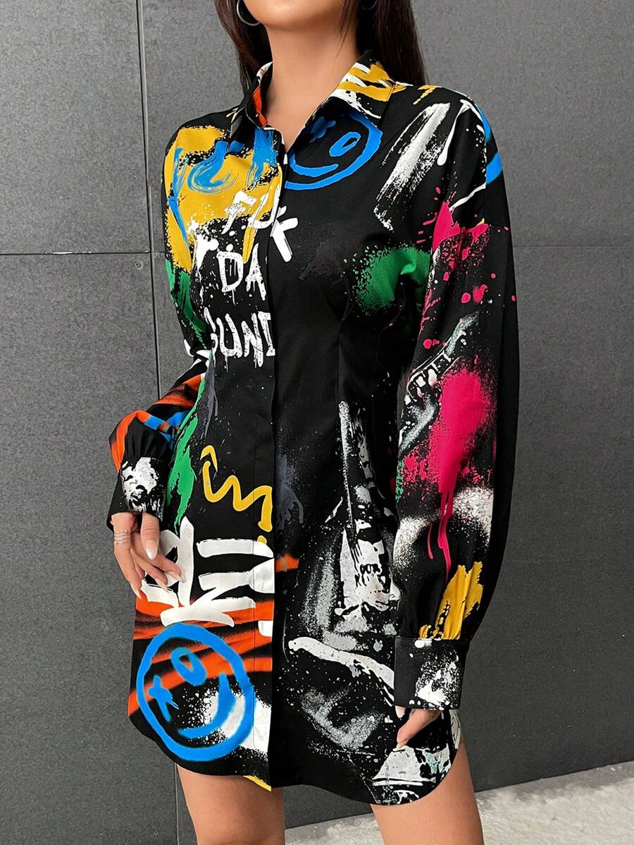 SHEIN EZwear Graffiti Print Drop Shoulder Shirt Dress - Multicolor - View 1