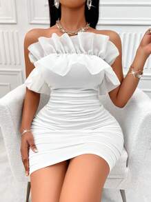 AIJ Amarilo Exaggerated Ruffle Trim Fitted Bustier Dress - White - View 6