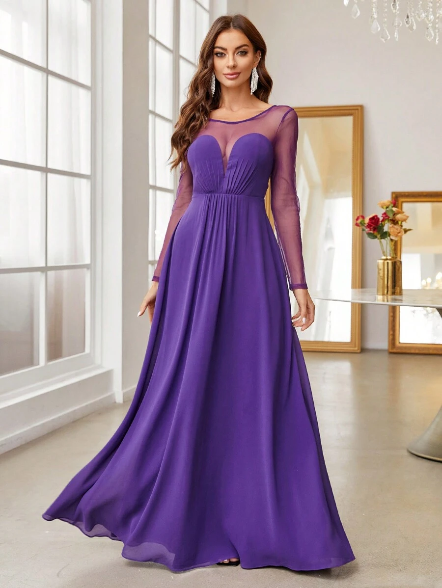 SHEIN Belle Contrast Mesh Chiffon Bridesmaid Dress - Purple - View 1