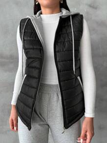 EURMUSE Zip Up Drawstring Hooded Vest Puffer Coat - Navy Blue - View 1