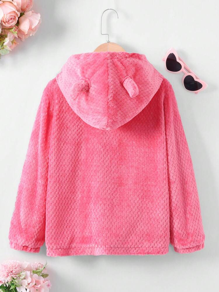 Tween Girl Letter Patched Detail 3D Ear Design Hooded Jacket Without Sweater