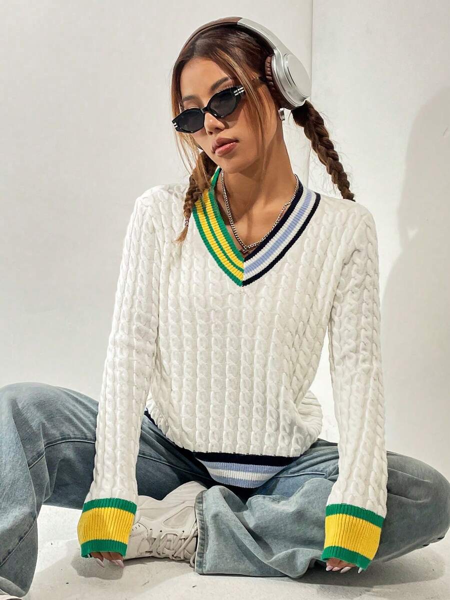 SHEIN Unity Sọc trang trí Xoắn Dan Áo len - Nhiều màu - Xem 1