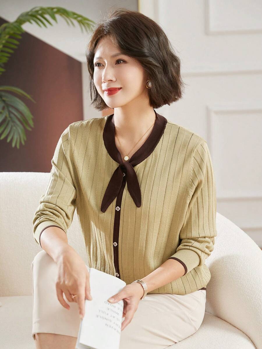 Contrast Trim Tie Neck Sweater - Green - View 1