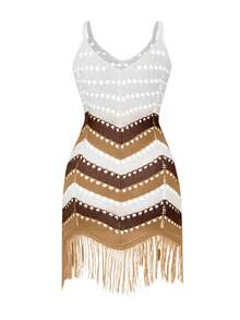 SHEIN Holidaya Hơn Mô hình Chevron Fringe Hem Đầm Áo len - Nhiều màu - Xem 2