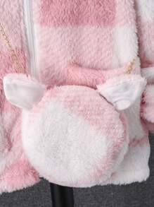 SHEIN Chica preadolescente Abrigo teddy con patrón de cuadros de hombros caídos con capucha con bolso - Rosa - Ver 4