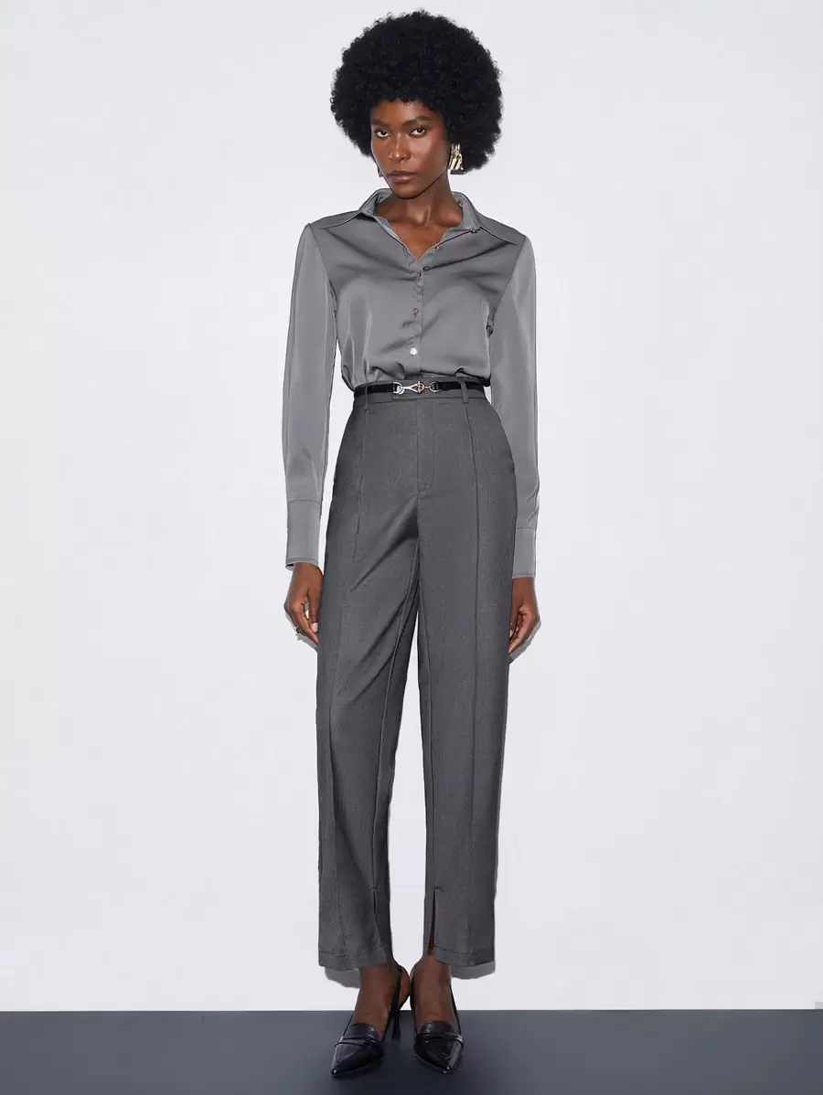 BizChic Solid Fold Pleated Suit Pants Without Belt - Grey - View 1