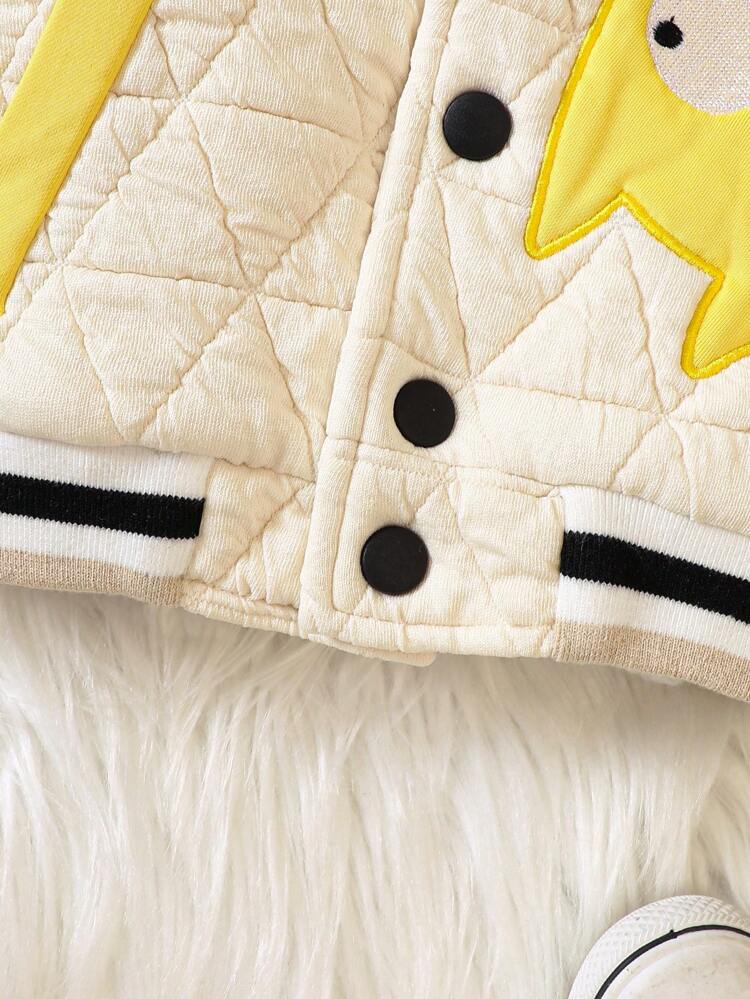 Baby Boy Letter Cartoon Graphic Striped Trim Quilted Bomber Jacket