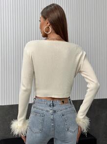 SHEIN Privé Fuzzy Cuff Contrast Trim Crop Cardigan - Multicolor - View 2