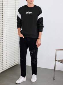 RueChic Men Letter Graphic Contrast Panel Drop Shoulder Sweatshirt - Black - View 5