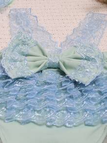 女嬰蕾絲拼接前蝴蝶結連體衣和頭巾拍攝套裝 - 藍色 - 查看 4