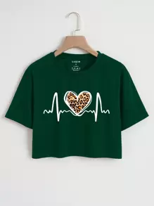 SHEIN Essnce Tim Và In hoa Báo Áo phông Crop - Màu xanh lá cây đậm - Xem 1