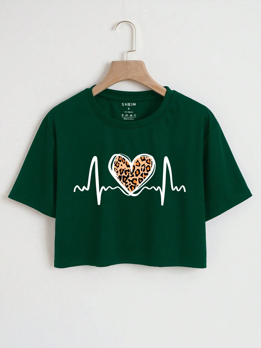 SHEIN Essnce Tim Và In hoa Báo Áo phông Crop - Màu xanh lá cây đậm - Xem 1