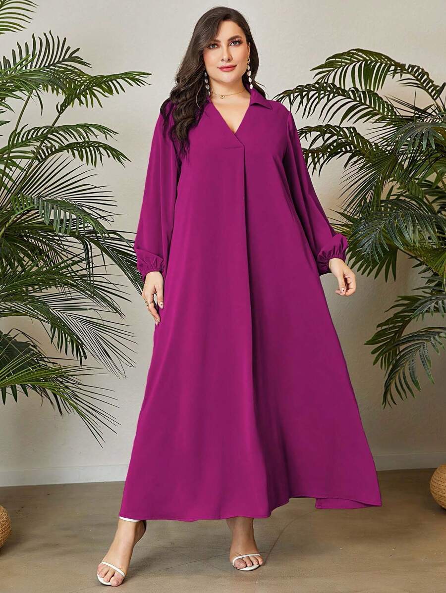 Mulvari Plus Solid Lantern Sleeve Dress Maxi Women Outfit Fall Cloth For Women