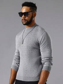 Manfinity Homme 男士小高領條紋針織套頭毛衣 - 灰色 - 查看 4