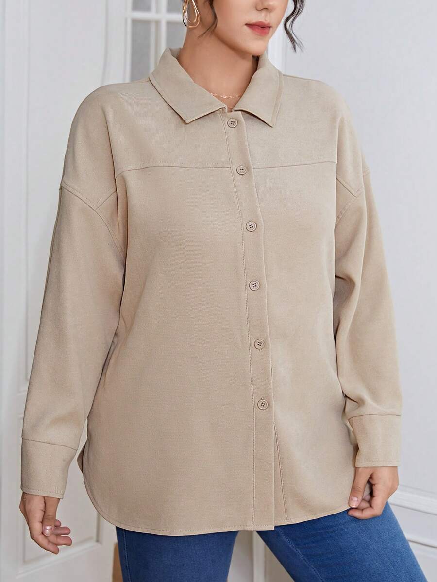 SHEIN Essnce Plus Solid Button Front Drop Shoulder Coat - Beige - View 1