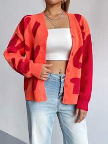 SHEIN Unity 字母圖案落肩袖開襟衫 - 珊瑚橙 - 查看 1