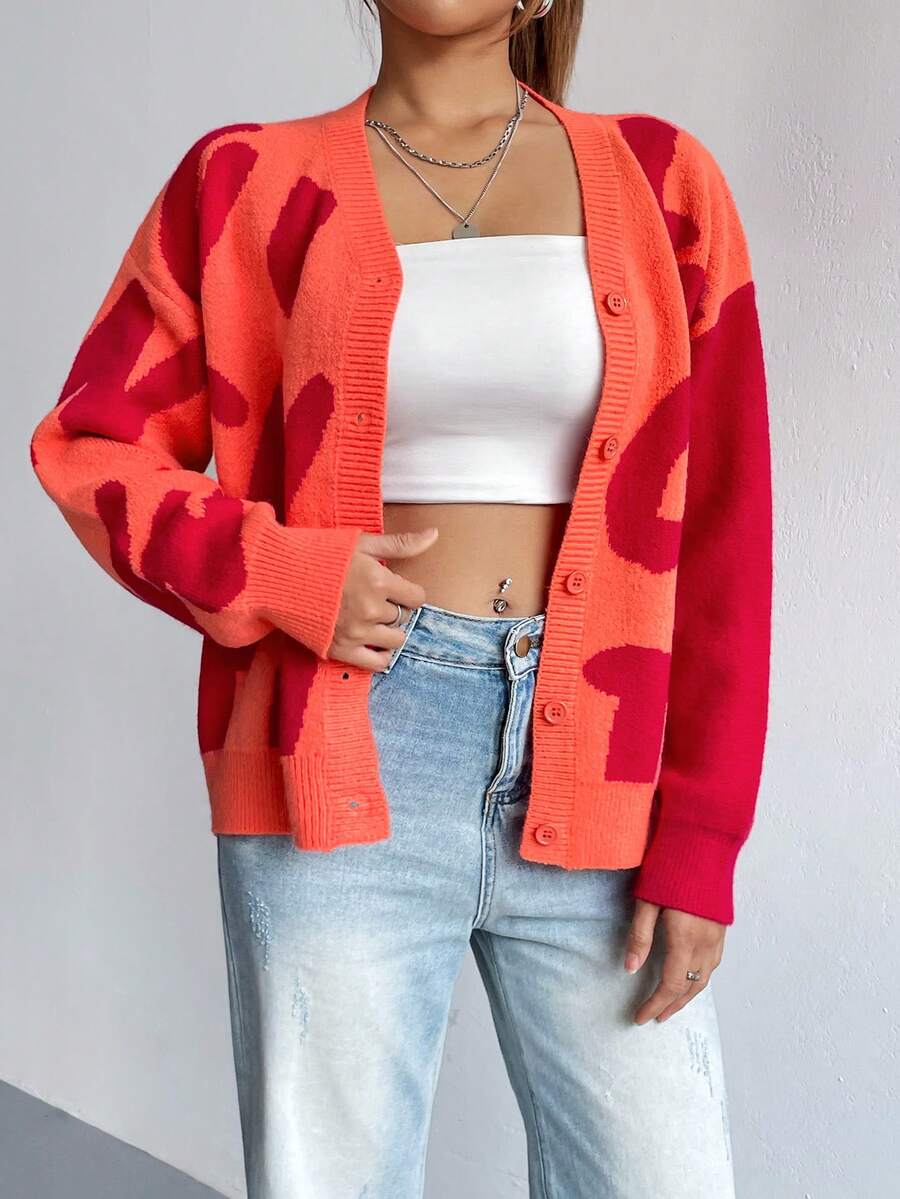 SHEIN Unity 字母圖案落肩袖開襟衫 - 珊瑚橙 - 查看 1