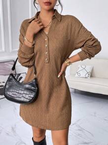 SHEIN Essnce Đầm Nút phía trước màu trơn Giải trí - Cà phê nâu - Xem 2
