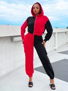 SHEIN SXY Hai âm Thả vai Dây kéo Áo hoodie ngắn - Nhiều màu - Xem 3