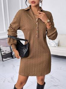 SHEIN Essnce Đầm Nút phía trước màu trơn Giải trí - Cà phê nâu - Xem 4