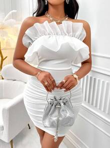 AIJ Amarilo Exaggerated Ruffle Trim Fitted Bustier Dress - White - View 1