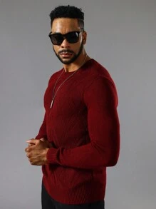 Manfinity Homme 男士素色圓領套頭毛衣 - 酒紅色 - 查看 7