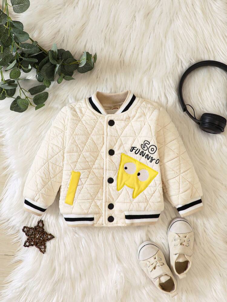 Baby Boy Letter Cartoon Graphic Striped Trim Quilted Bomber Jacket